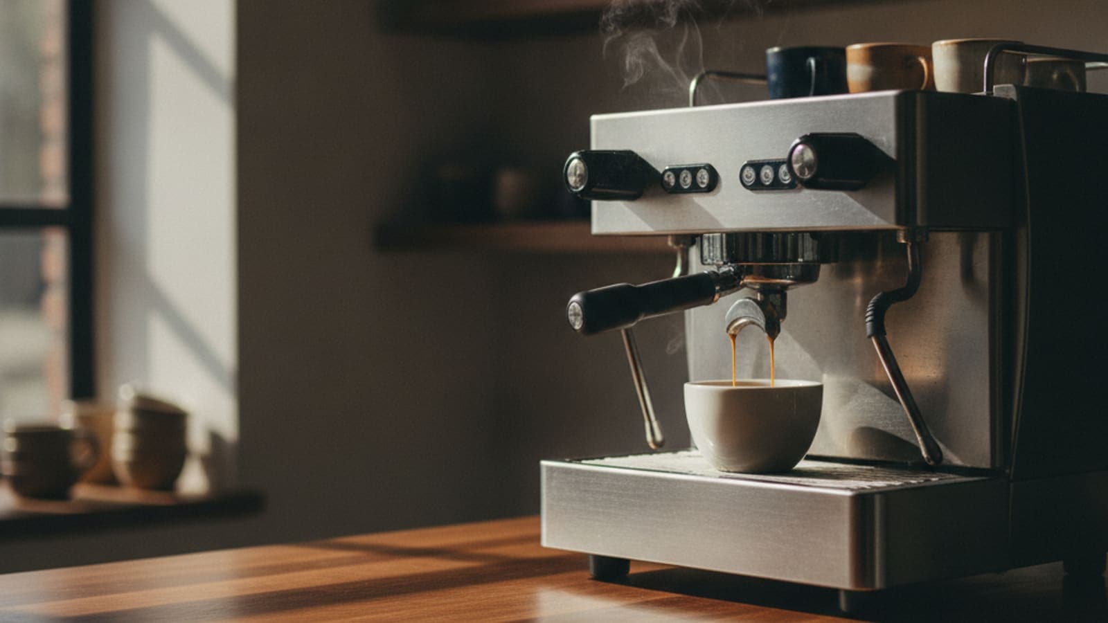 Espresso machine mid-pull on a walnut counter, twin streams into a white demitasse