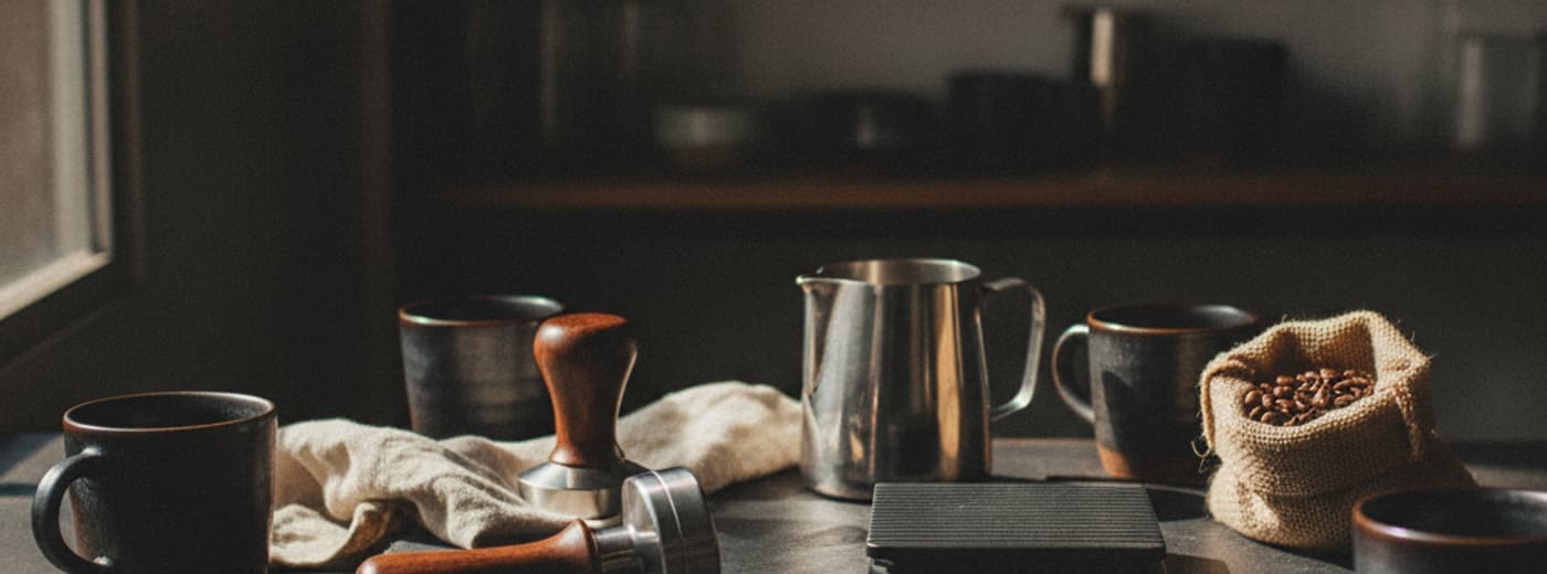 Tamper, milk pitcher, coffee scale and linen cloth arranged on dark slate