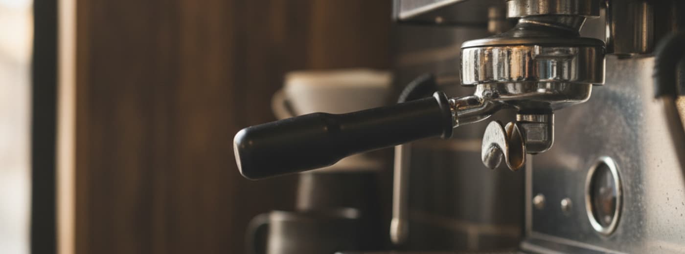 Brass portafilter locked into an espresso machine group head