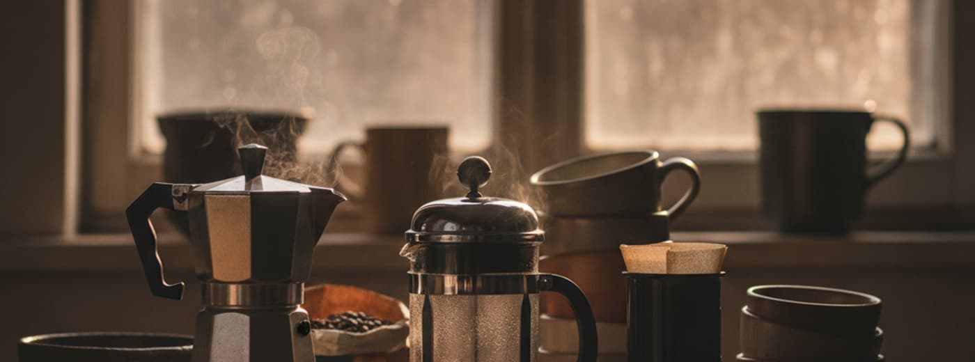 Moka pot on a flame beside a french press and an AeroPress, steam rising