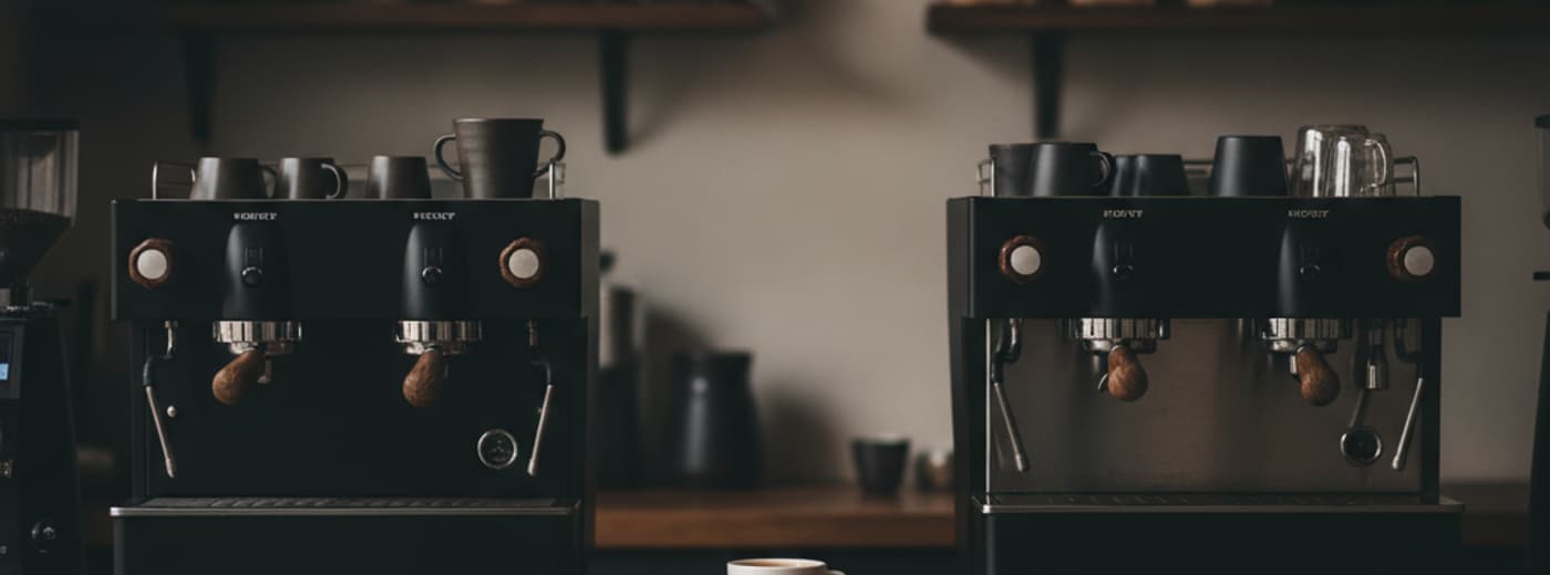 Two espresso machines side by side on one counter with a single cup between them