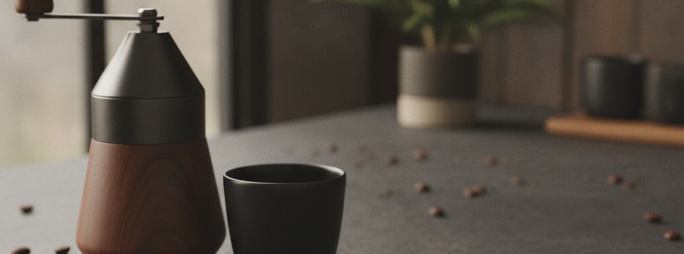 Single-dose burr grinder beside a dosing cup with beans scattered on dark slate