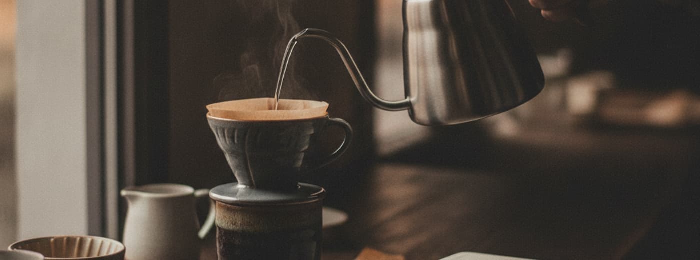 Gooseneck kettle pouring over a dripper beside an open pocket notebook